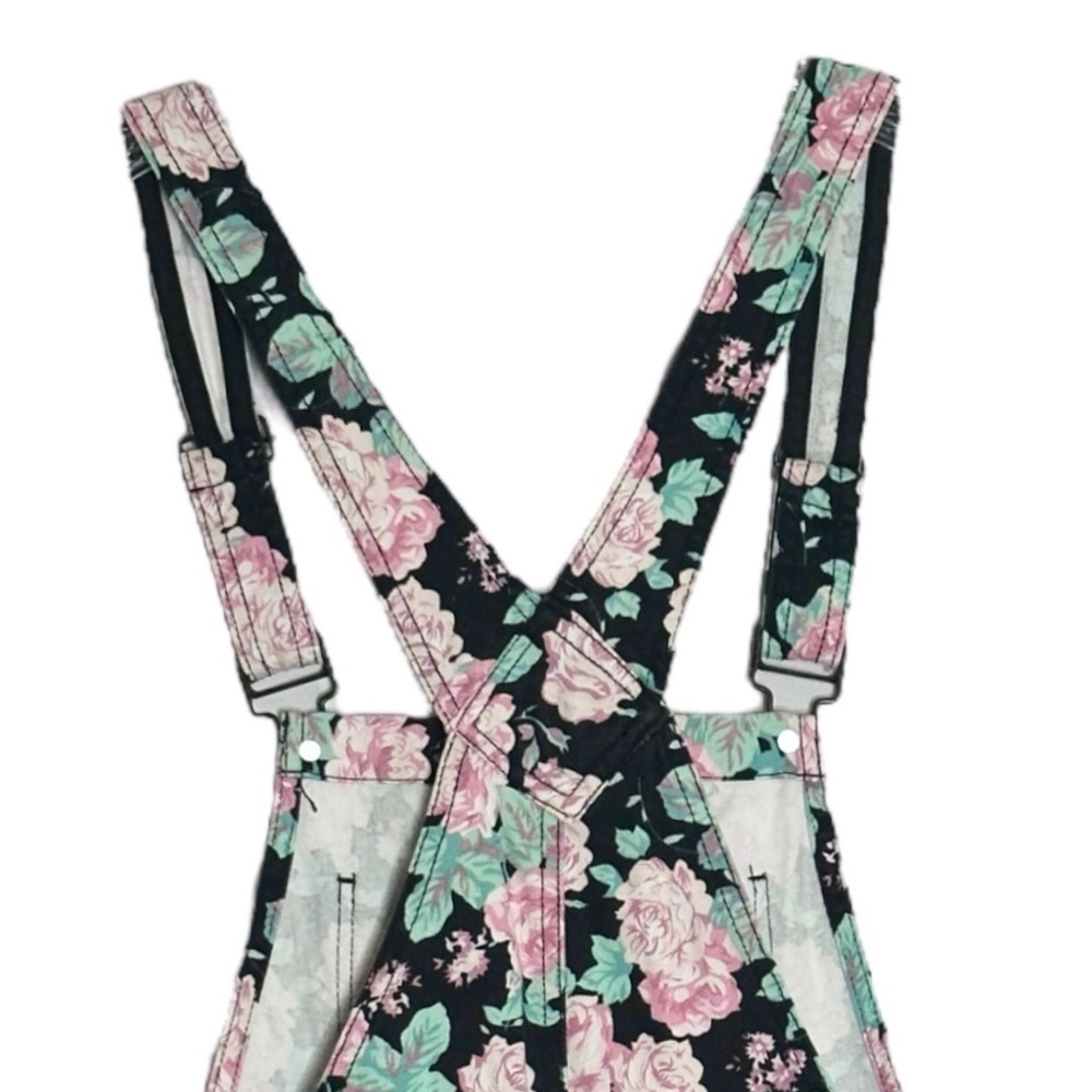 Forever 21 Rose Floral Print Distressed Premium Denim Overalls Size 27 - Picture 6 of 9